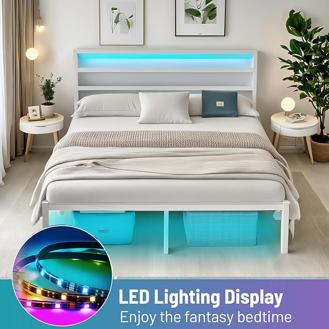 Full Size Bed Frame with Headboard,Heavy Duty Steel Slats Support-LED Bed Frame with USB Charging Station,Mattress Foundation-Under Bed Storage,No Box Spring Needed,Noise Free,White