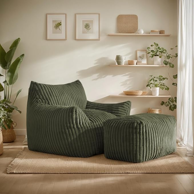 Giant Bean Bag Chairs for Adults, Oversized Chaise Lounge Chair Indoor with Memory Foam - Plush Boneless Lounger & Ottoman for Bedroom, Living Room, Gaming & Reading, Lazy Floor Sofa Chair, Green