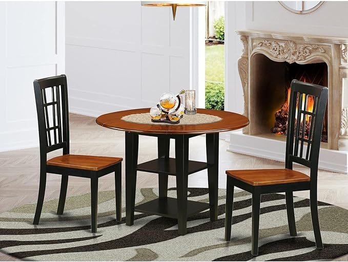 East West Furniture SUNI3-BCH-W 3 Piece Dinette Set for Small Spaces Contains a Round Dining Table with Dropleaf & Shelves and 2 Dining Chairs, 42x42 Inch, Black & Cherry