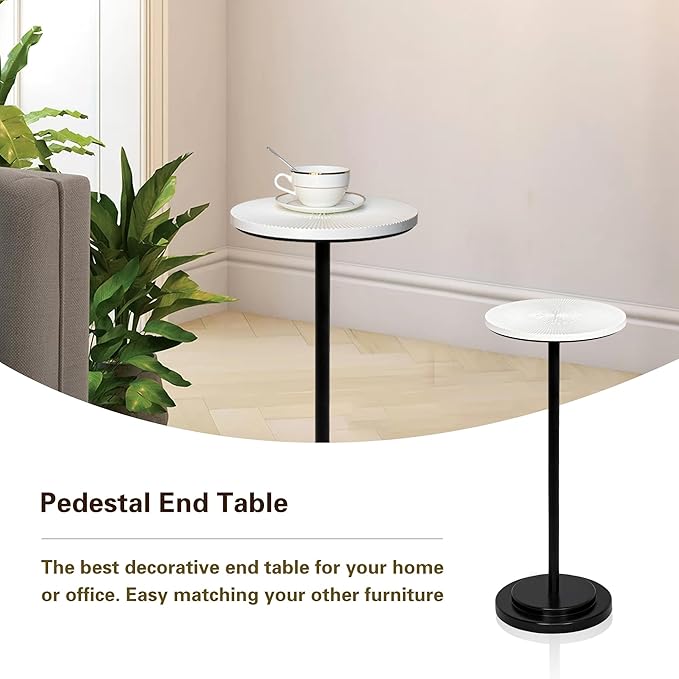 Drink Table Set of 2, Weighted Base Pedestal Table, Martini Table,Small Side Table with Wooden Carved Table Top for Living Room, Bedroom, Modern, White and Black