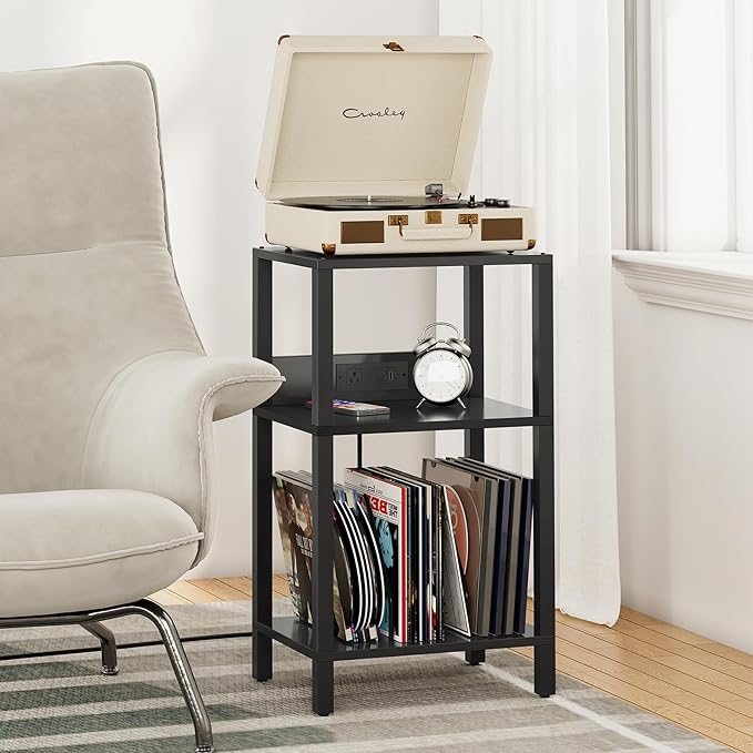 TUTOTAK Record Player Stand with Storage Up to 100 Albums，Record Storage Table,3 Tier End Table with Charging Station,Side Table for Living Room, Bedroom, Black TB01BK076