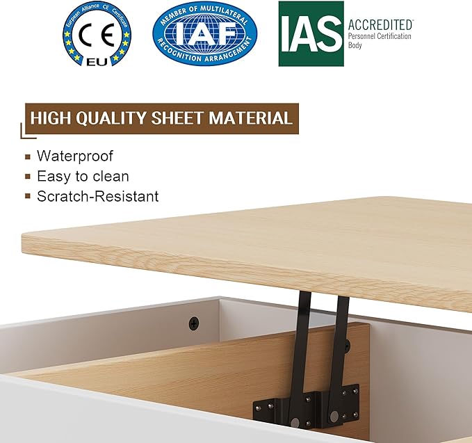 Shintenchi Coffee Table, Lift Top Coffee Table with Hidden Compartment, Rising Tabletop Dining Table, Lift Top Coffee Center Table for Living Room, Office, Home (Oak)