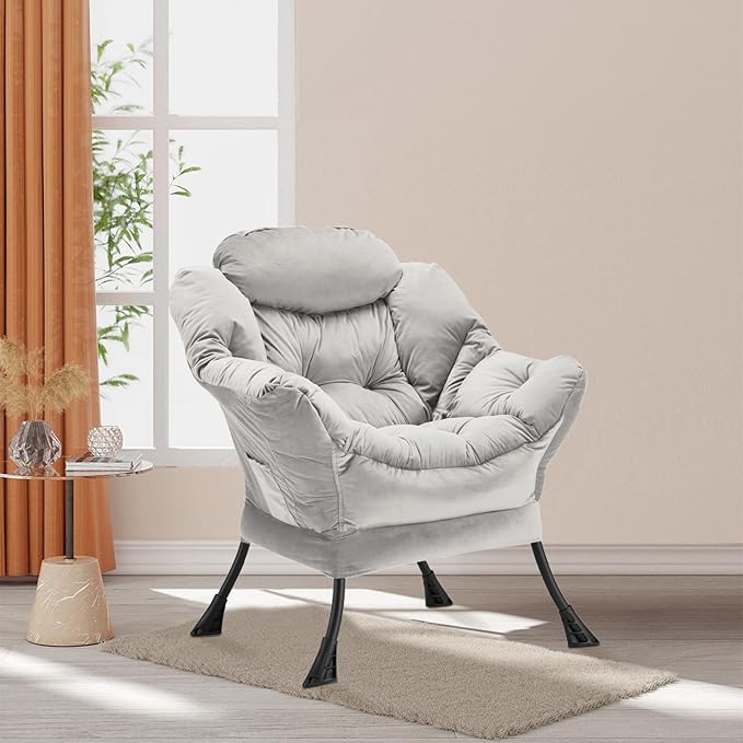Lazy Chair Thick Padded, Comfy Velvet Accent Lounge Chair with Stable Frame, Leisure Sofa Armchair with Armrests and Side Pocket, Reading Chair for Bedroom, Living Room, Office, Light Gray