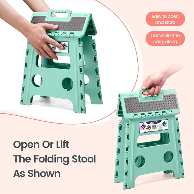 Delxo Folding Step Stool 13 Inch Non-Slip Foldable Stools Up to 300 LBS Kitchen Collapsible Fold Up Stepping Stool with Dotted 1 Pack Green