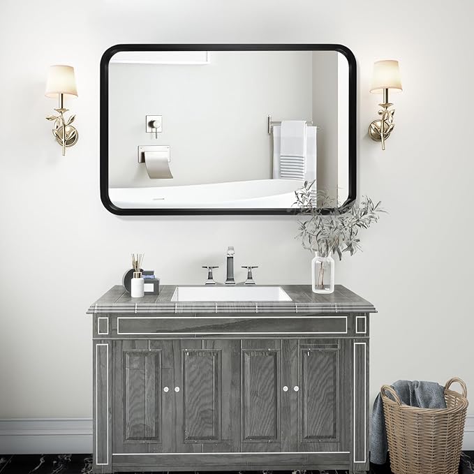 WallBeyond 20x30 Inch Wood Mirror for Bathroom, Wooden Frame Wall Mirror Farmhouse Wall Mounted Rectangle Mirror for Vanity (Horizontal/Vertical Black Color)