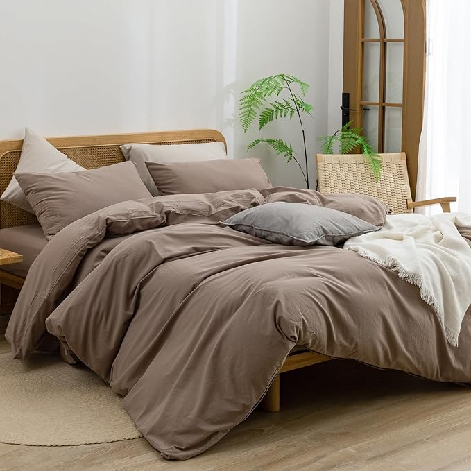 BESTOUCH Duvet Cover Set 100% Washed Cotton Linen Feel Super Soft Comfortable Chic Lightweight 3 PCs Home Bedding Set Solid Pine Bark Brown Full/Double