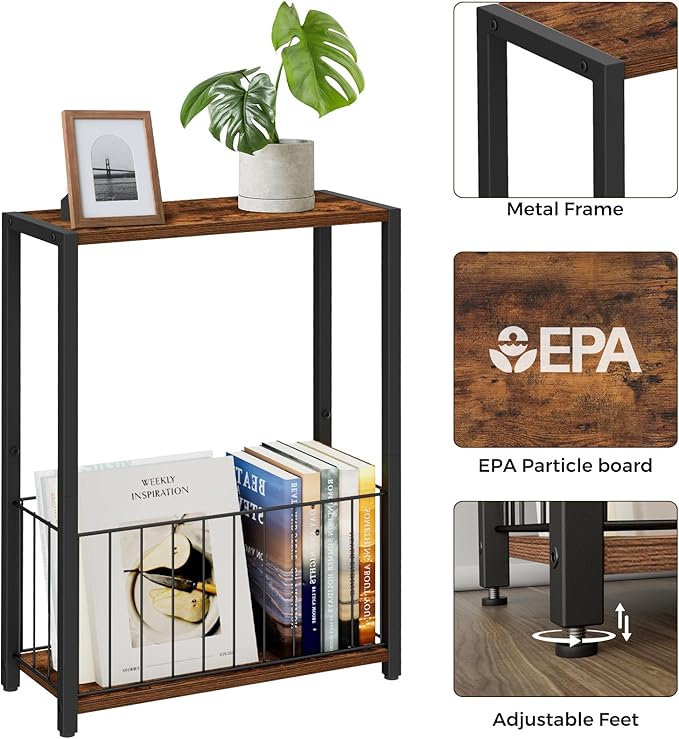 Narrow Side Table with Magazine Holder, Skinny End Table Perfect for Small Spaces, Space-Saving Design for Living Room, Bedroom, or Office, 7.1" D x 16.9" W x 23.6" H, Rustic Brown