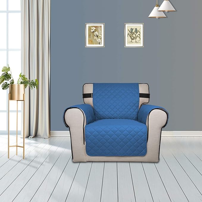 PureFit Reversible Sofa Cover Water Resistant Chair Couch Cover, Machine Washable Furniture Cover with Non-Slip Foam and Adjustable Strap for Dogs, Pets (Chair, Blue/Ivory)