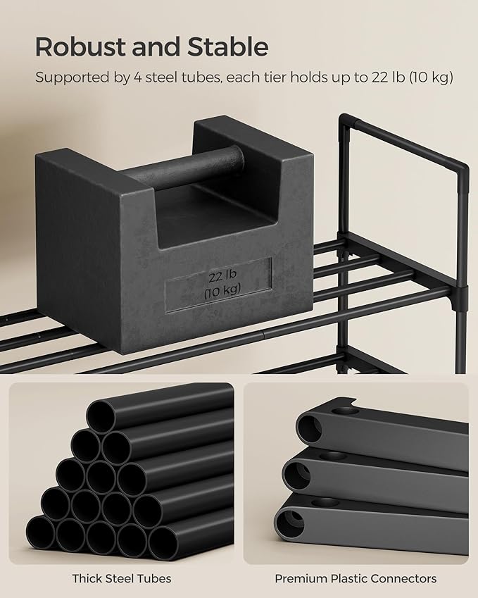 SONGMICS Shoe Rack, 2-Tier Shoe Organizer, Metal Storage Shelf, Upright or Upside Down, for 6-9 Pairs, Stackable, for Entryway, 11.8 x 26.8 x 13.2 Inches, Black ULSA202B01