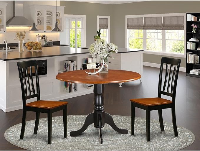 East West Furniture DLAN3-BCH-W 3 Piece Dinette Set for Small Spaces Contains a Round Dining Table with Dropleaf and 2 Dining Chairs, 42x42 Inch, Black & Cherry