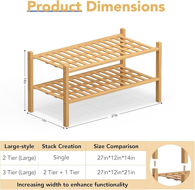Haddockway Large 2 Tier Bamboo Shoe Rack Storage Organizer,Multifunctional Free Standing Stackable Shoe Shelf with Grid Panel for Closet,Hallway,Entryway,Small Space 27"x12"x14"(Natural, 2-Tier Large)
