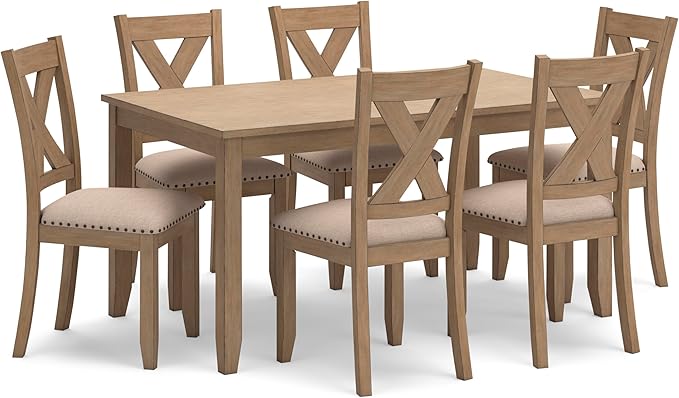 Signature Design by Ashley Sanbriar Casual Dining Table and Upholstered Chairs with Nailhead Trim, Set of 7, Light Brown & Beige