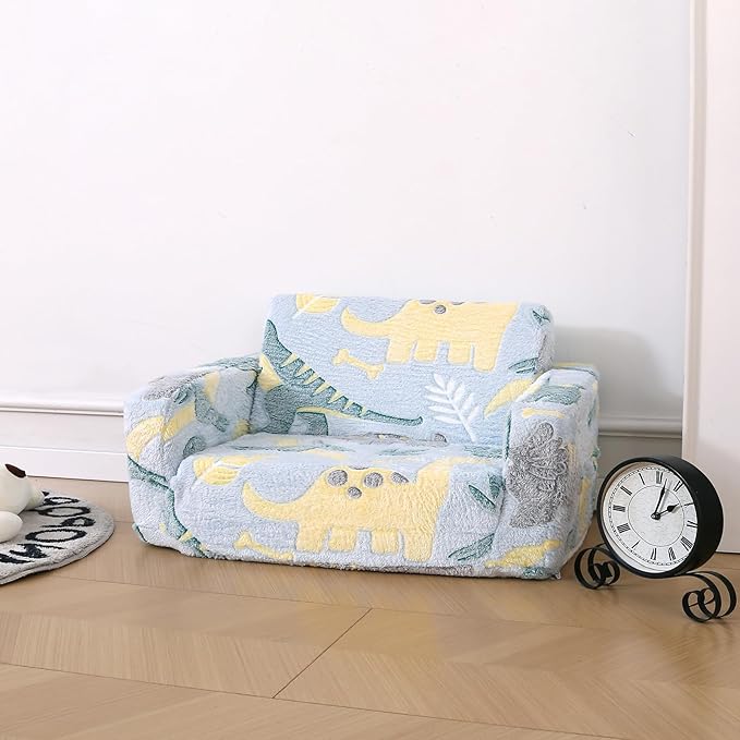 Foldable Kids Sofa Extra Wide for 2 Seats,Soft Kids Fold Out Couch Glow in The Dark,Convertible Sofa to Lounger Toddler Sofa Chair(Dinosaur)