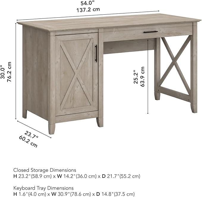 Bush Furniture Key West Computer Desk Farmhouse PC Table for Home Office, 54W w/Storage, Washed Gray