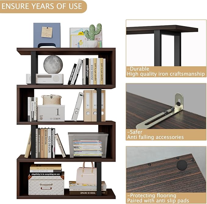 SORCEDAS Bookshelf Geometric Bookcase S Shaped Industrial Bookshelf Storage Display Stand Shelf for Living Room Bedroom and Office Room (Black, 4 Tier)