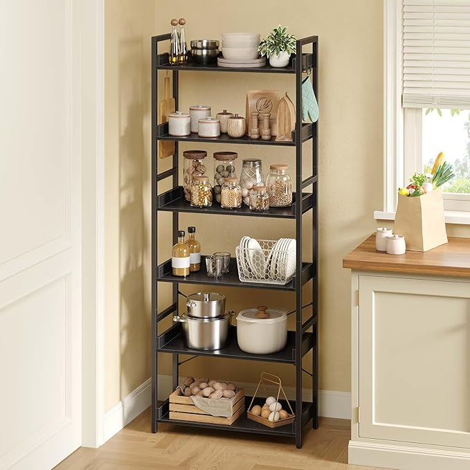 Rolanstar Bookshelf 6 Tier with 4 Hooks, Industrial Bookcase, Vintage Storage Rack with Open Shelves, Rustic Standing Bookshelves Metal Frame Display Rack for Living Room, Bedroom, Black