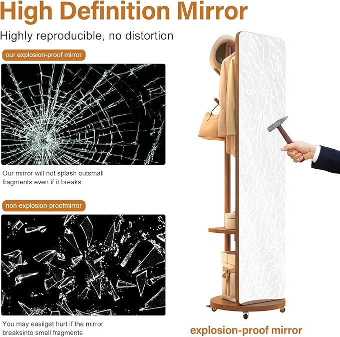 70"x16"Full Length Mirror with Stand,Coat Rack with Mirror,Solid Wood Floor Mirror,Swivel Mirrorfor Bedroom, Living Room, Cloakroom