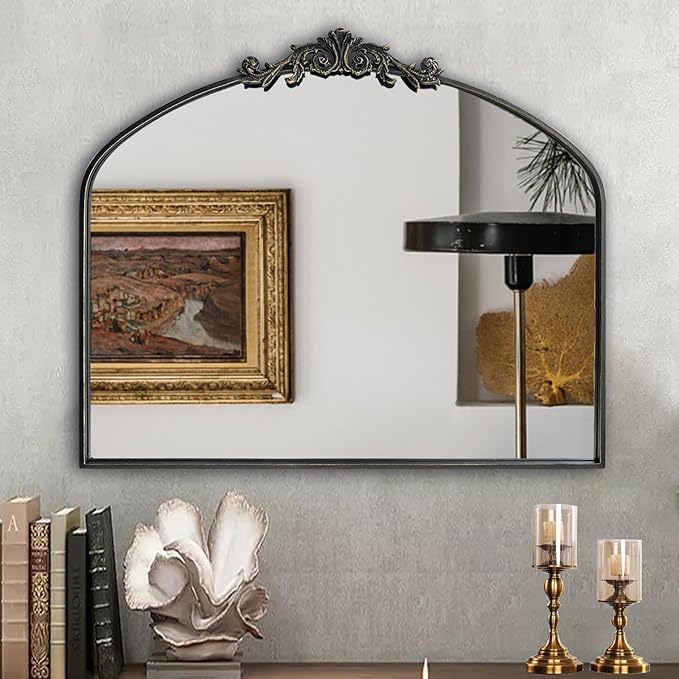 Wall Mirror Window Decorative Traditional Mirrors Antique Arched Farmhouse for Living Room Bedroom Entryway Bathroom Vanity 30 * 36 * 1.2,Black