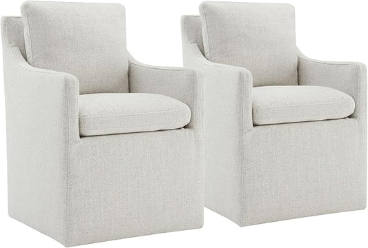 Upholstered Dining Chairs with Casters No Assembly Modern Accent Armchair with Rollers for Diningroom Bedroom Livingroom Reading Room,Linen,2 Boxs