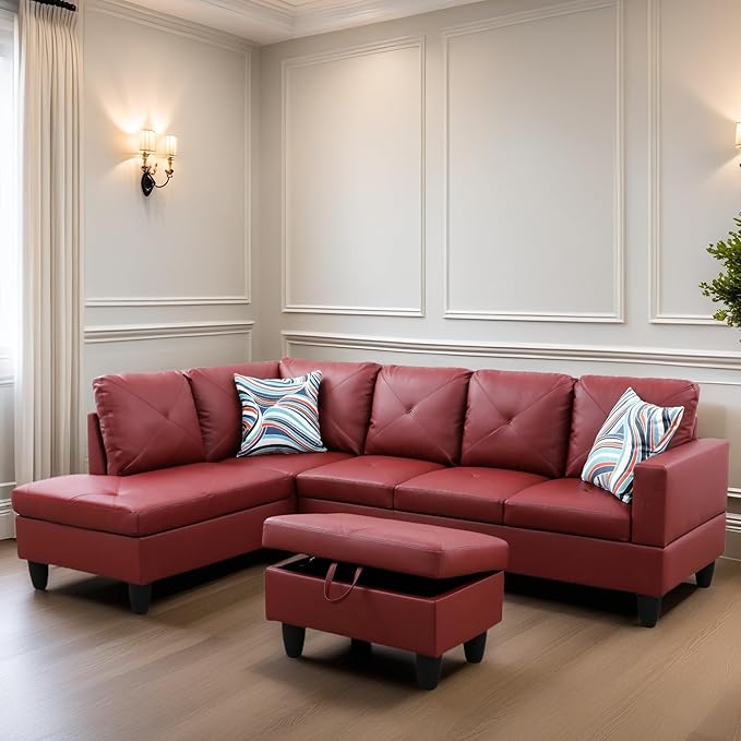 Leather Sectional Couch, Modern L Shaped Couches for Living Room, Comfy 4 Seat Modular Sectional Sofa with Ottoman Storage for Bedroom Apartment, Red