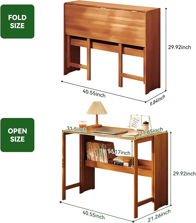 Bamboo Folding Desk Mid Century Modern Desk for Home Office Bedroom Small Spaces, Brown，40.55" Long Desktop