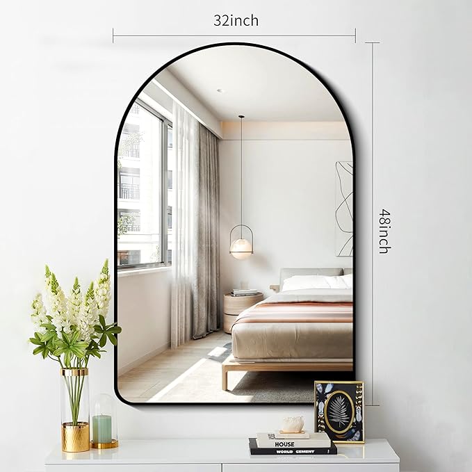 FORBATH Arched Mirror 32x48 Inch, Bathroom Mirror Wall Mounted Modern Black Aluminum Alloy Frame Decor Large Dresser Mirror for Bedroom Living Room Entryway, Hanging or Leaning Against Wall