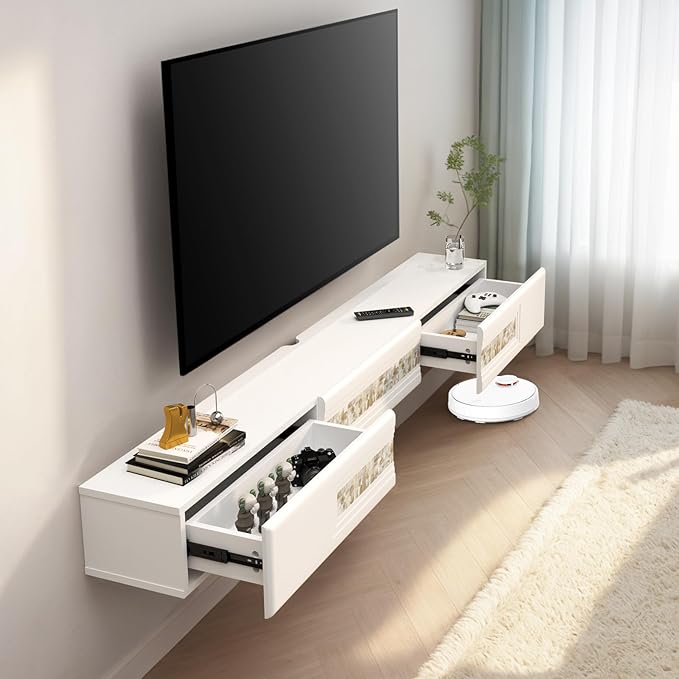 Pmnianhua Floating TV Stand with Mosaic Decor,Wall Mounted TV Console,Floating Entertainment Shelf with Door and Drawers for Bedroom Living Room(White)