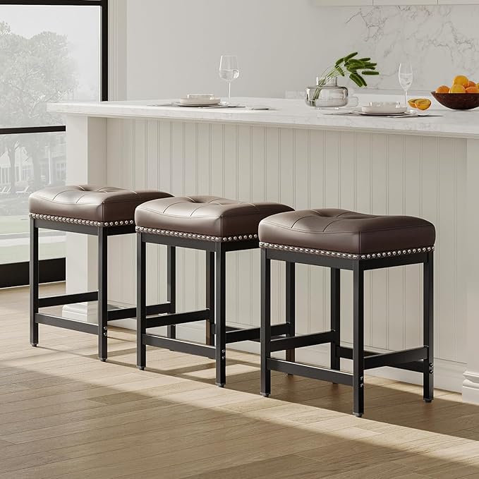MALOL Set of 4 Saddle Bar Stools Counter Height 24.4”, Backless Barstools for Kitchen Island, Modern PU Leather Cushioned Seat, Bar Chairs for Kitchen Counter, Breakfast Bar Stools for Home,Brown
