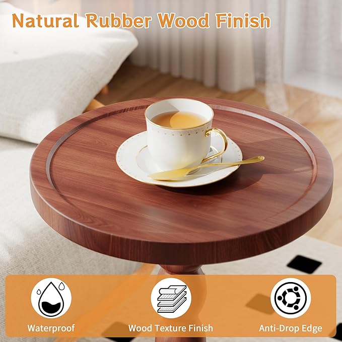 Solid Wood Drink Table, Rubber Wood‌ Small Round Side Table for Small Spaces, Martini Tables, Pedestal End Tables for Living Room, Bedroom, Corners, and Office (Light Walnut, 11.81inch)