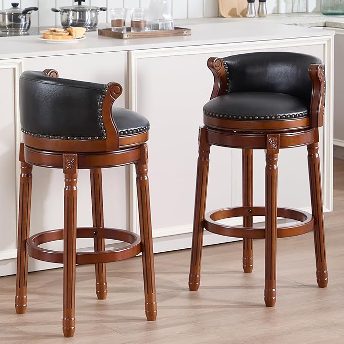 Cow top Leather Wooden Bar Stools, 29.5" Bar Height Bar Chair with Back, 180 Degrees Swivel Barstools Chair for Home Kitchen Counter,Dining Room (Black-2pcs, Bar Height-Seat Height 29.5”)