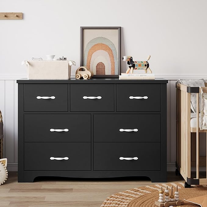LINSY HOME 7 Drawers Dresser for Bedroom, 47" Wide Rustic Wood Dressers & Chests of Drawers, Modern Storage Dresser with Antique Handles for Closet, Living Room, Hallway, Black