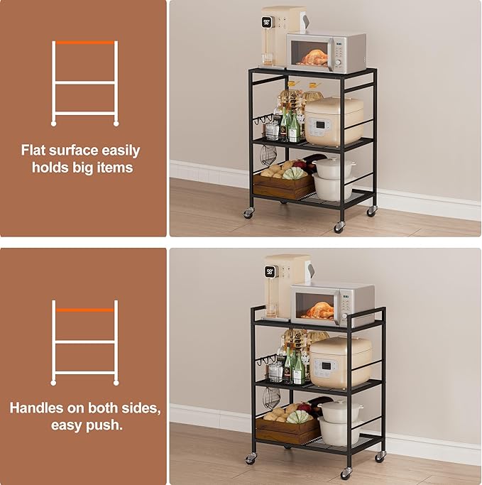 3-Tier Kitchen Cart with Adjustable Shelves - Microwave Storage Cart & Utility Rolling Organizer, Industrial Wheels for Small Spaces, 15.7"x23.6"x33.7" Black Panel and Black Frame