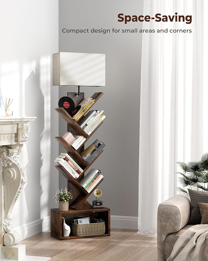 6 Tier Tree Bookshelf with Smart Light, Small Bookcase Tower with Remote Control, Tall Floor Standing Book Organizer for Living Room, Bedroom & Home Office, Rustic Brown