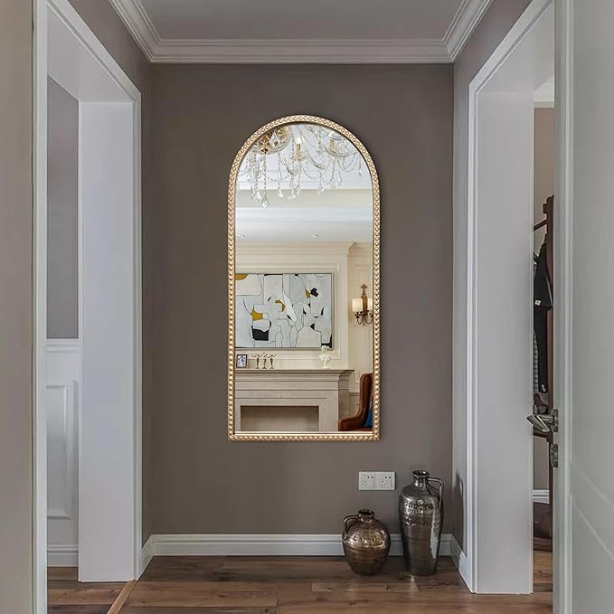 Gold Arched Mirror, 22"x47" Arch Vanity Mirrors for Bathroom, Decorative Accent Mirror with Metal Beaded Frame, Large Vintage Mirrors for Fireplace Bedroom Entryway Hallway Living Room
