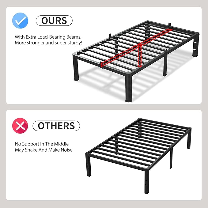 18 Inch Twin XL Bed Frame, 3500Lbs Heavy Duty Metal Platform with Round Corner Legs Mattress Slide Stopper, Steel Slat Support No Box Spring Needed, Noise Free, Non-Slip, Easy Assembly