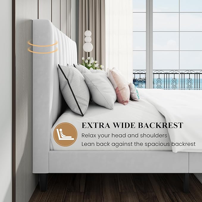 SHA CERLIN King Bed Frame/Velvet Upholstered Platform Bed Frame with Headboard/Strong Wood Slats Support/Mattress Foundation/No Box Spring Needed/Easy Assembly/White