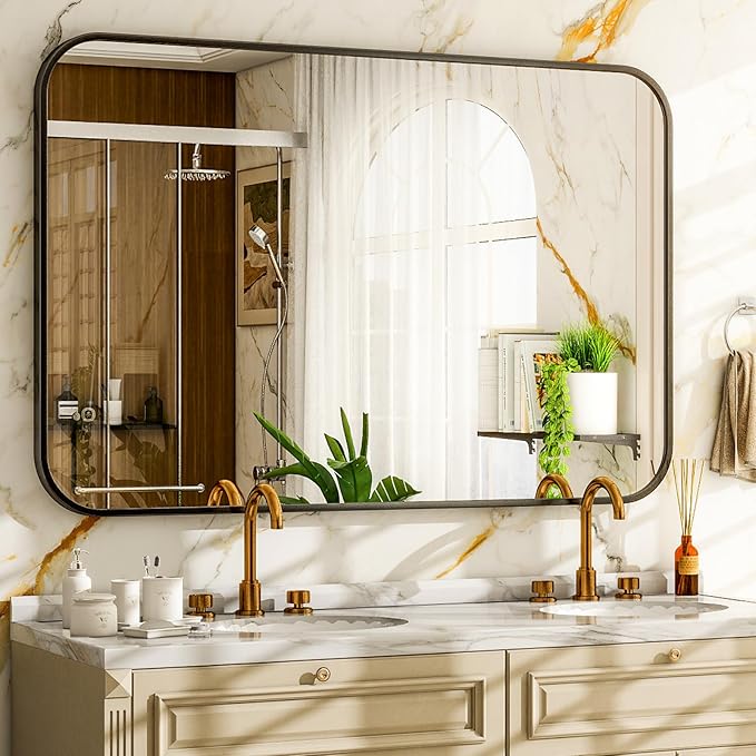 26 x 38 Inch Bathroom Mirror, Rounded Rectangular Vanity Mirror for Wall, Modern Mirror for Room Decor, Black Framed Wall-Mounted Mirrors for Home Decor, Hangs Horizontally or Vertically