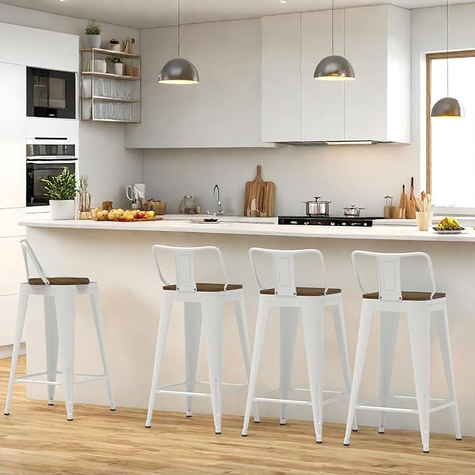 30 Inch Swivel Bar Stools Set of 4, Counter Height Bar Stools with Low Back, Metal Industrial Bar Chairs for Kitchen Island (White)