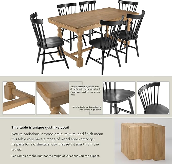 Bush Furniture Rectangular Dining Table Set for 6, with 67 inch Squire Trestle, High Back Spindle Dining Chairs, Farmhouse Transitional, Sterling Collection, Light Brown and Black
