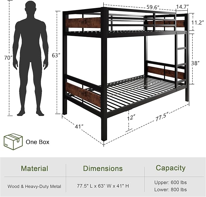 Feonase Metal Bunk Bed Twin Over Twin with Ladder and High Guardrail, Heavy-Duty Metal Slats Support, Noise Free, No Box Spring Needed, for Kids and Juniors, Vintage