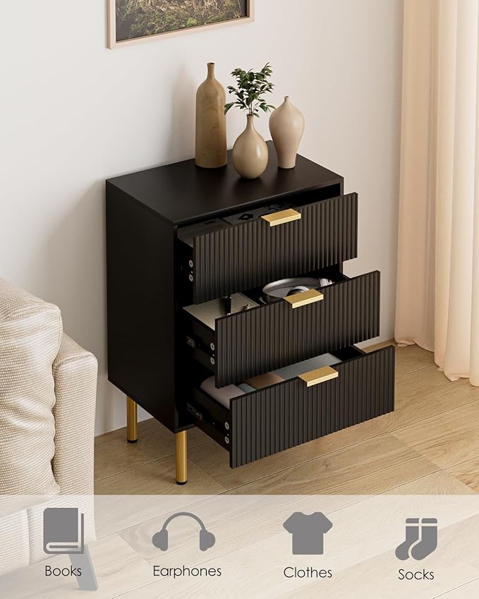 Night Stand,Tall Bedside Table with 3Storage Drawers,White Nightstand,Bedside Furniture,Side Table with Gold Frame,End Table for Bedroom,Living Room (Modern-3drawers, Black.)