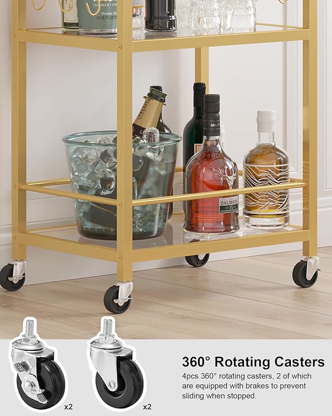TUTOTAK Bar Cart, Home Bar Serving Cart with 3-Tier Mirrored Shelf, Drink Cart, Mobile Kitchen Shelf with Wine Rack, Gold BC01BB033