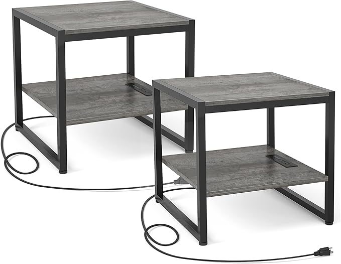 Homieasy End Table with Charging Station, 20 Inch Mini Fridge Stand with 2-Tier Open Shelf, Square Bedside Nightstand & Sofa Side Table for Small Spaces, Grey - 2 Pack