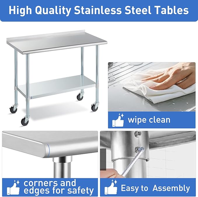 Stainless Steel Table for Prep & Work with Caster & Backsplash 24x48 Inches, NSF Metal Commercial Kitchen Heavy Duty Table with Adjustable Under Shelf and Table Foot for Restaurant, Home and Hotel