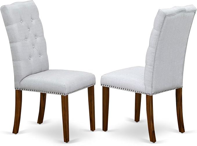 East West Furniture ELP8T05 Elsa Parson Dining Chairs - Button Tufted Nailhead Trim Grey Linen Fabric Upholstered Chairs, Set of 2, Walnut