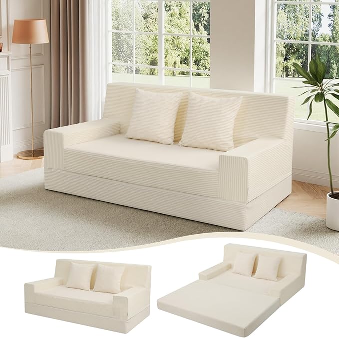 MeMoreCool Boneless Folding Sofa Bed Queen, Corduroy Convertible Sleeper Chair, Foldable Foam Mattress Chair, Comfy Fold‑Out Futon Couch Bed, Large Floor Sofa Couch for Living Room Guest