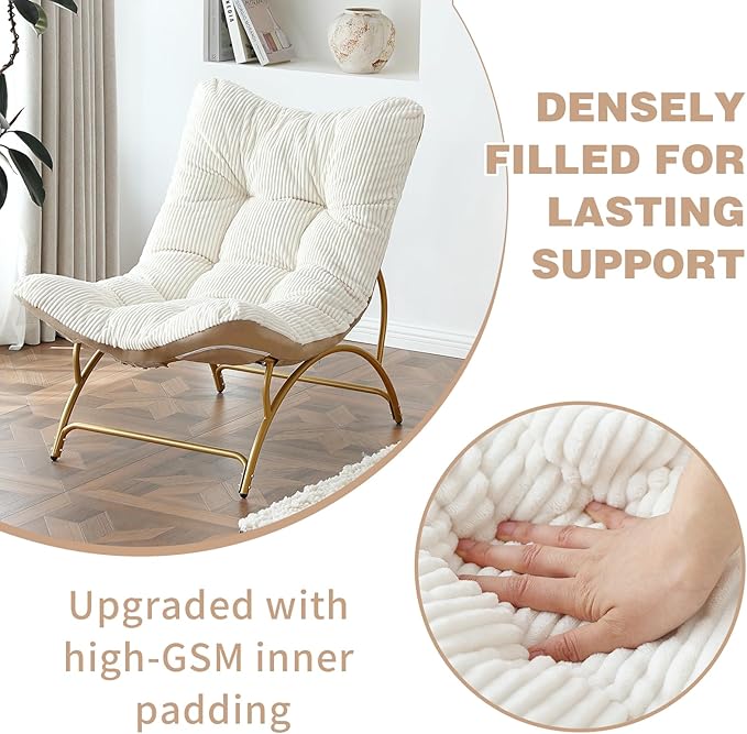 Welnow Accent Lounge Lazy Chair, Comfy Soft Leisure Metal Frame Reading Chair, Upholstered Thick Cushion Seated Recliner Sofa for Living Room, Bedroom, Dorm, Beige