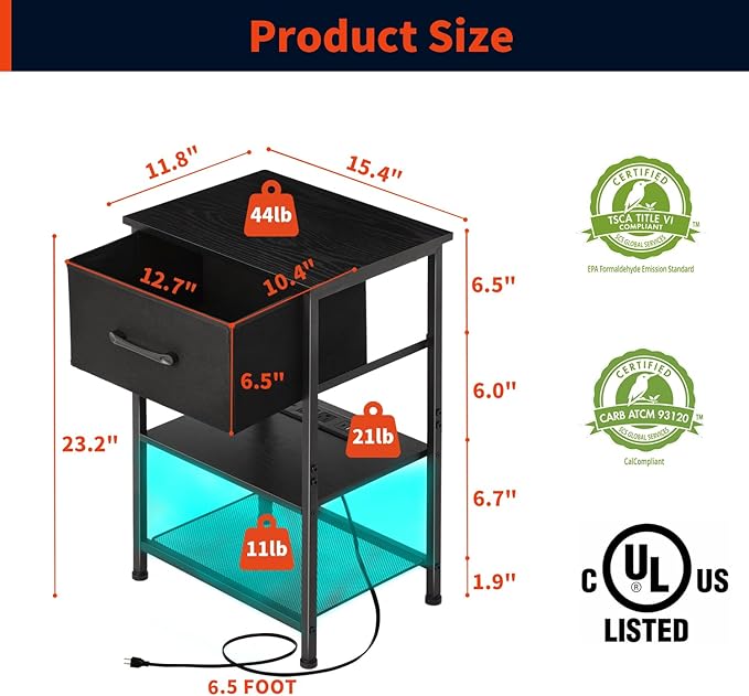Nightstands Set of 2 with Charging Station and Drawer, End Table Side Table with 20 Colors LED Light Strip and 2 Layers Shelf for Bedroom Living Room Sofa (Black)