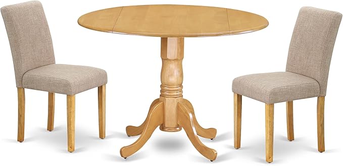 East West Furniture DLAB3-OAK-04 3 Piece Dining Room Furniture Set Contains a Round Dining Table with Dropleaf and 2 Light Tan Linen Fabric Parsons Chairs, 42x42 Inch, Oak