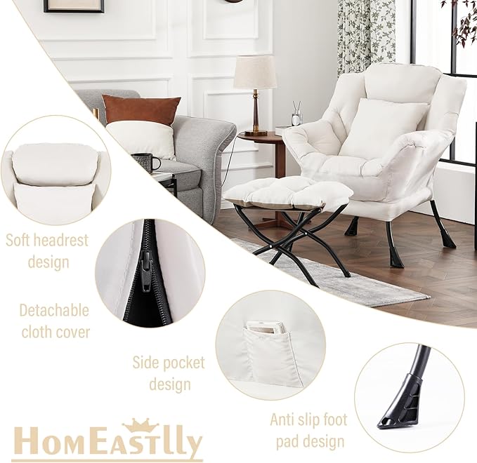 Lazy Chair with Ottoman, Modern Large Accent Lounge Chair with a Pillow, Leisure Sofa Armchair with Ottoman, Reading Chair with Footrest for Bedroom, Living Room, Dorm Room,Peach Beige
